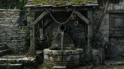 A charming well with moss-covered roof, perfect for rustic themes