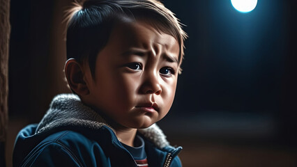 Portrait mongoloid little kid crying and tears. Asian boy have sad emotion and facial expressions. sadness concept - obrazy, fototapety, plakaty