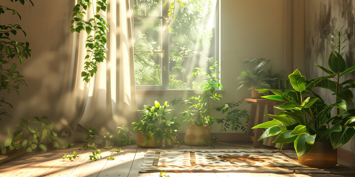 A room with plants and sunlight, an interior design concept, home decor, a house wallpaper, a nature background, greenery in the window, natural lighting,
