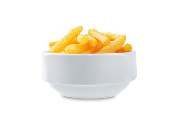 Corn stick chips in a bowl on a white isolated background - 773470066