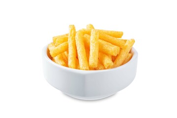 Corn stick chips in a bowl on a white isolated background - 773470078