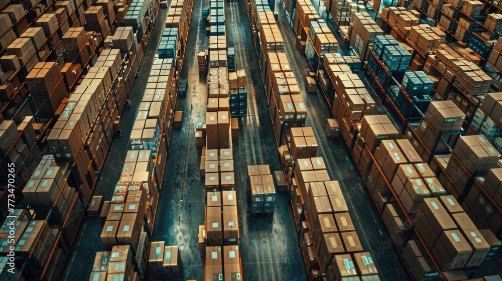 Poster a large warehouse filled with boxes, suitable for inventory or storage concepts