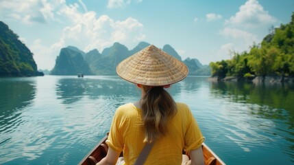 A woman wearing a yellow shirt and straw hat on a boat. Suitable for travel or summer vacation...