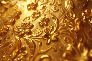 Detailed image of a gold plate with intricate floral designs. Ideal for food blogs or restaurant menus