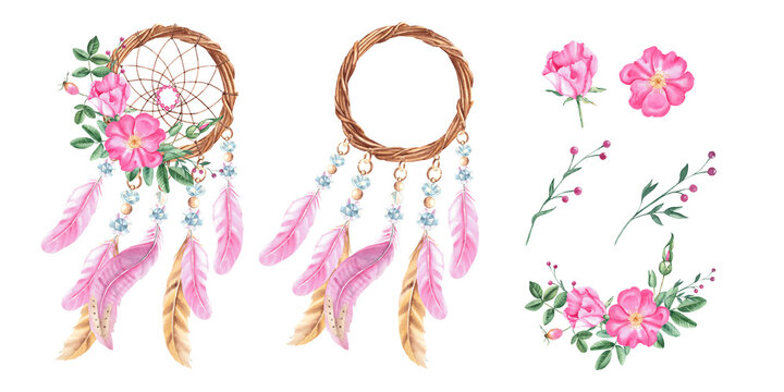 Watercolor hand drawn dream catcher set with pink feathers, crystals, beads and dog rose flowers and branches. Design elements isolated on white background.