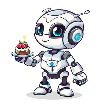 Robot holding a plate of cake. Vector illustration on white background.