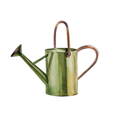 Garden Watering can is green in color. The illustration is painted in watercolor on a white background. It is suitable for printing on textiles, on accessories in a country house, dishes. 