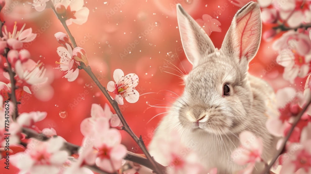 Poster a cute rabbit sitting on a branch of a flowering tree. suitable for nature and animal themes