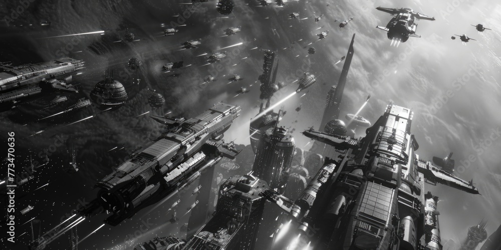 Poster a group of space ships in black and white. suitable for sci-fi themes