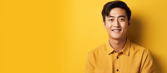 Fototapeta premium A Caucasian man wearing a yellow shirt is smiling brightly in a close-up shot, radiating happiness and positivity