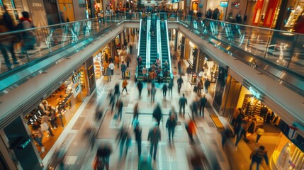 Group of people walking through a shopping mall. Suitable for commercial use