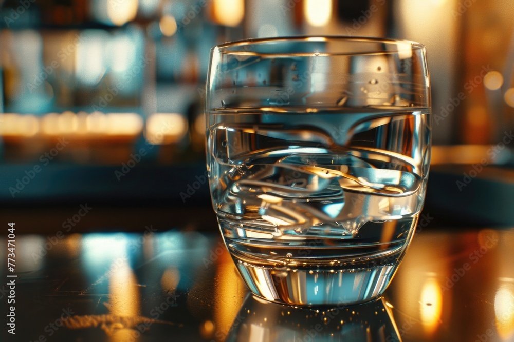 Poster a simple glass of water on a table, suitable for various concepts and designs
