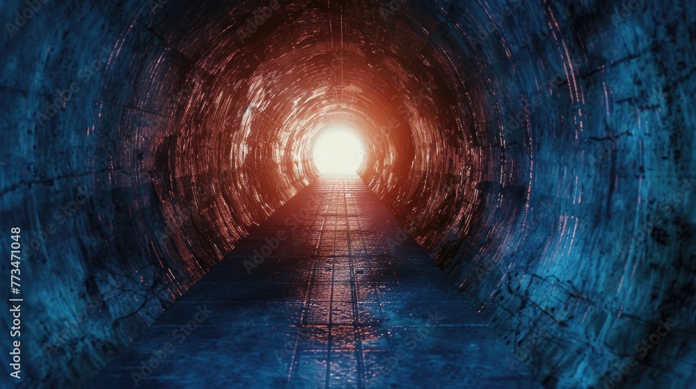 Poster A dark tunnel with a light shining at the end. Can be used to symbolize hope and overcoming challenges