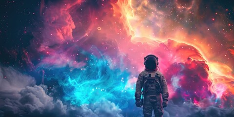 A man in a space suit standing in the clouds. Perfect for science fiction or futuristic concepts