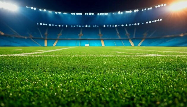 football stadium with lights - grass close up in sports arena - background created with generative ai