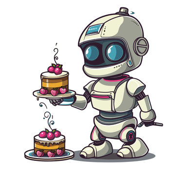 Robot with cake isolated on white background. Vector cartoon illustration.