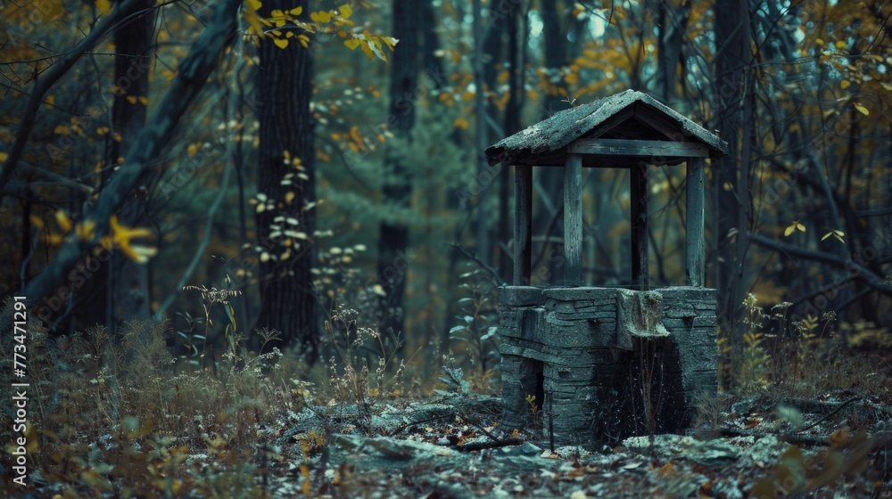 Poster a well in the middle of a forest, suitable for various projects