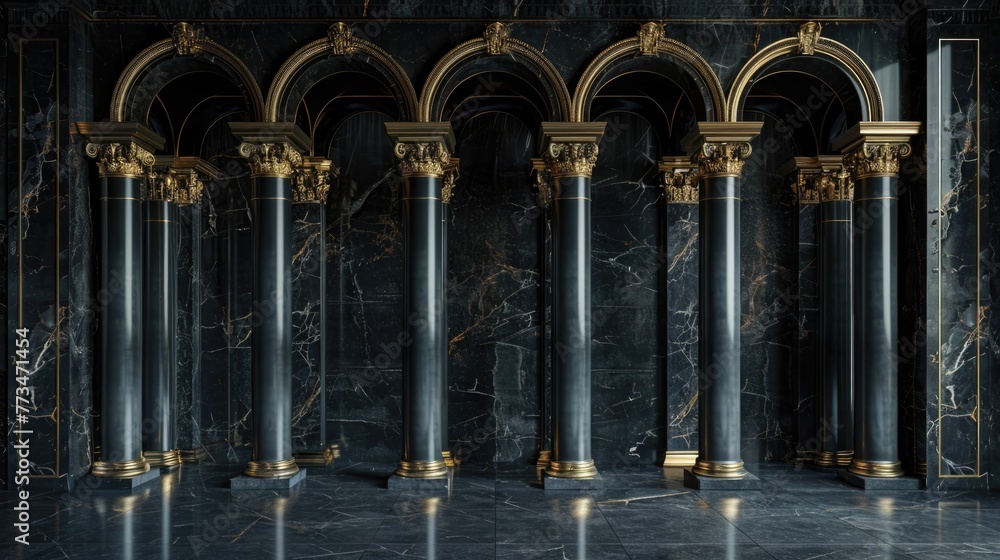 Poster interior view of a room with a row of marble columns. ideal for architectural and interior design co