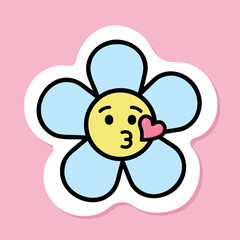 groovy flower face blowing a kiss sticker, anthropomorphic blue daisy flower with black outline, groovy aesthetic vector design element