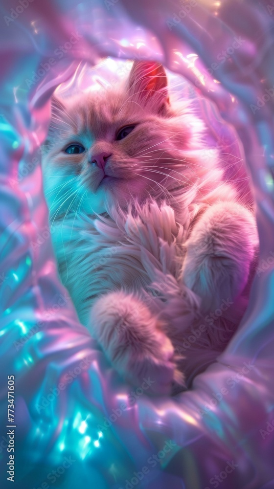 Poster a cat laying on its side in a colorful light. generative ai.