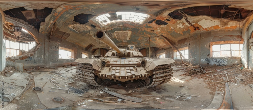 Poster a panoramic view of a tank in a room with broken windows. generative ai.