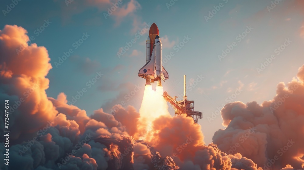 Poster A space shuttle taking off into the sky. Suitable for science and technology concepts
