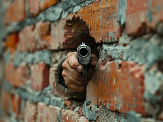 A man holding a gun through the hole in an old brick wall. Generative AI.