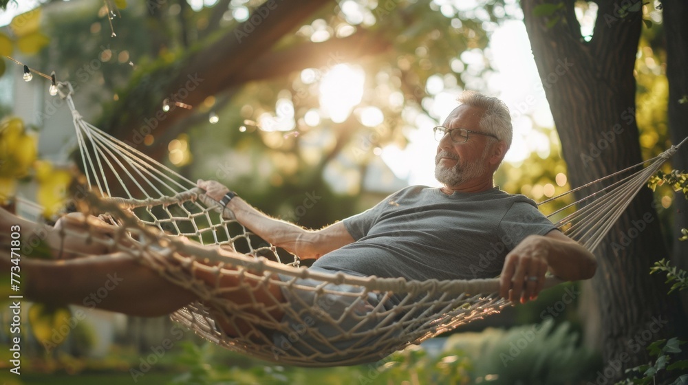 Poster a man in a hammock relaxing on the grass. generative ai.