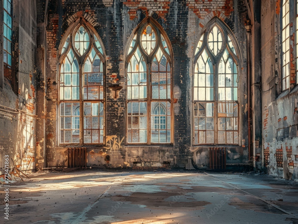 Aufkleber a large room with three windows and a broken floor. generative ai.