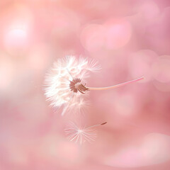 A close up of a dandelion with a pink background. The dandelion is in the middle of the image and is surrounded by a blurry background. Concept of freedom and lightness