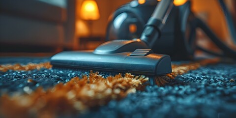 Creating a Clean Strip on the Carpet with a Vacuum Cleaner. Concept Cleaning, Vacuuming, Household Chores, Carpets, Tidying Up