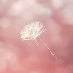 A white flower is floating in the air above a pink background. The flower is the main focus of the image, and it is delicate and light. The pink background adds a sense of warmth