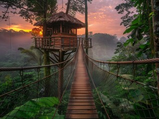 A suspension bridge leads to a tree house in the rainforest. Generative AI. - obrazy, fototapety, plakaty