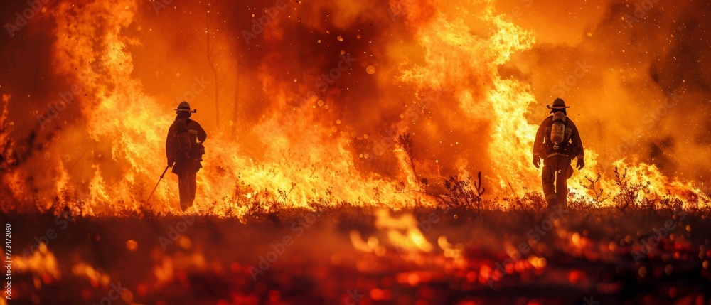 Poster two firefighters are standing in front of a large fire. generative ai.