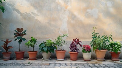 A row of potted plants in front of a wall. Suitable for home decor or gardening concepts