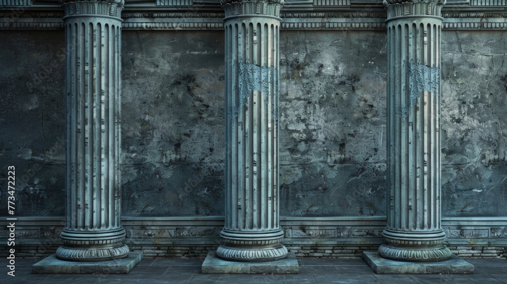 Poster Image of a row of four pillars in front of a wall. Suitable for architectural and construction concepts