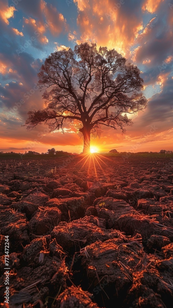 Poster a tree is standing in a field with the sun setting behind it. ai.
