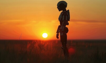 A robot standing in a field with the sun setting behind it. Generative AI.