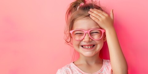 a brightly smiling child wearing light pink glasses