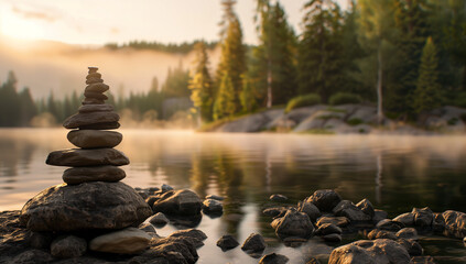 Tranquil natural setting with misty water, forest trees in the background, and small rocks stacked on top of each other near a calm lake at sunset.  - obrazy, fototapety, plakaty