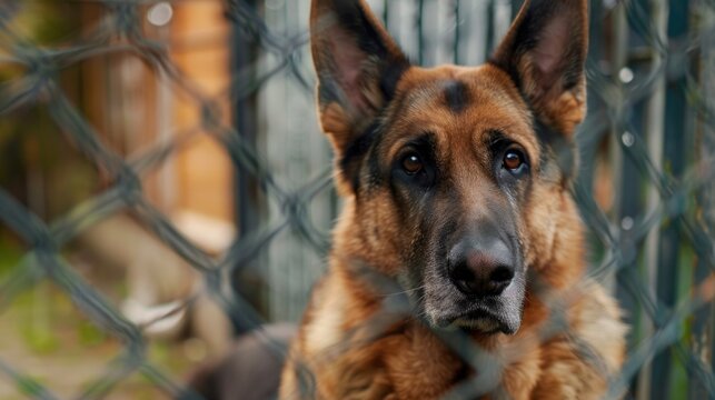A German Shepherd dog sitting behind a chain link fence. Suitable for pet care websites or animal shelter promotions - Powered by Adobe