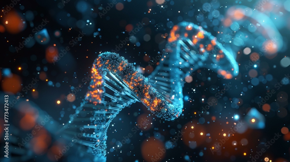 Poster dna structure in the dark with lights and sparks. generative ai.