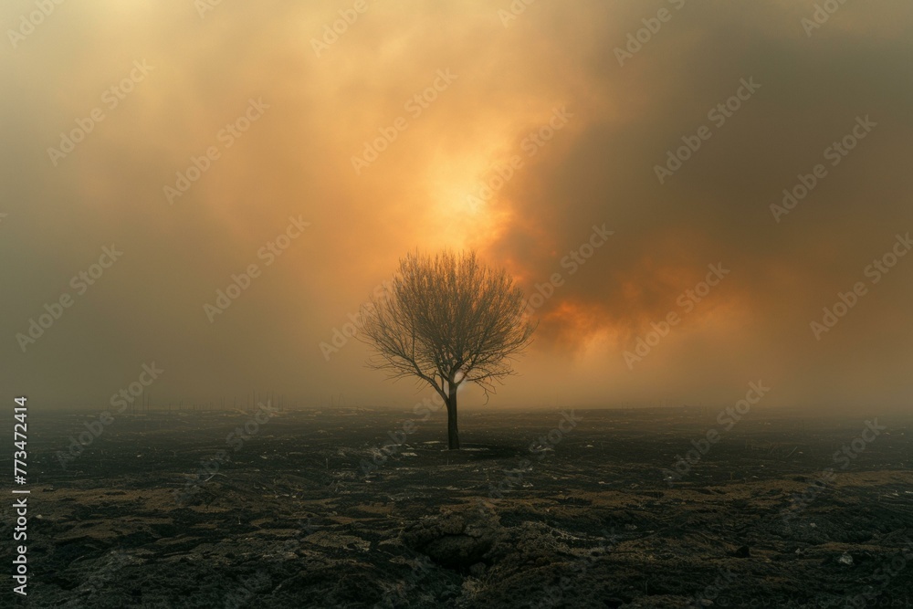 Poster a lone tree in a field with smoke rising from it. generative ai.