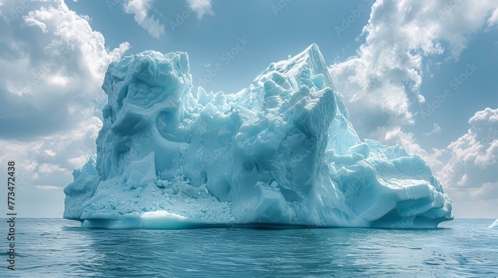 Poster a large iceberg floating in the ocean with clouds above it. generative ai.