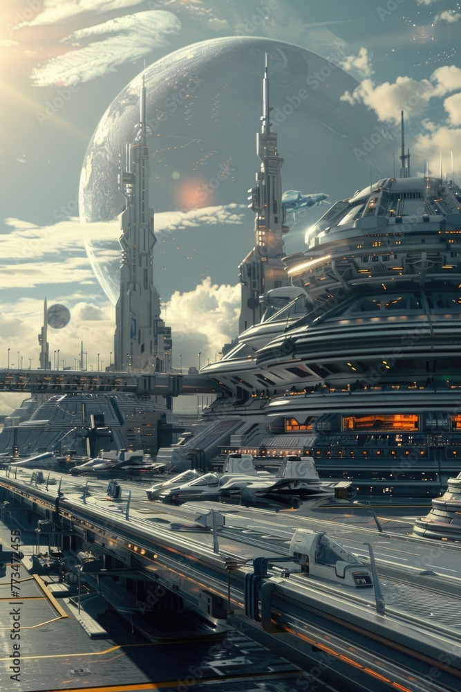 Poster A futuristic cityscape with a spaceship in the background. Suitable for sci-fi and technology concepts