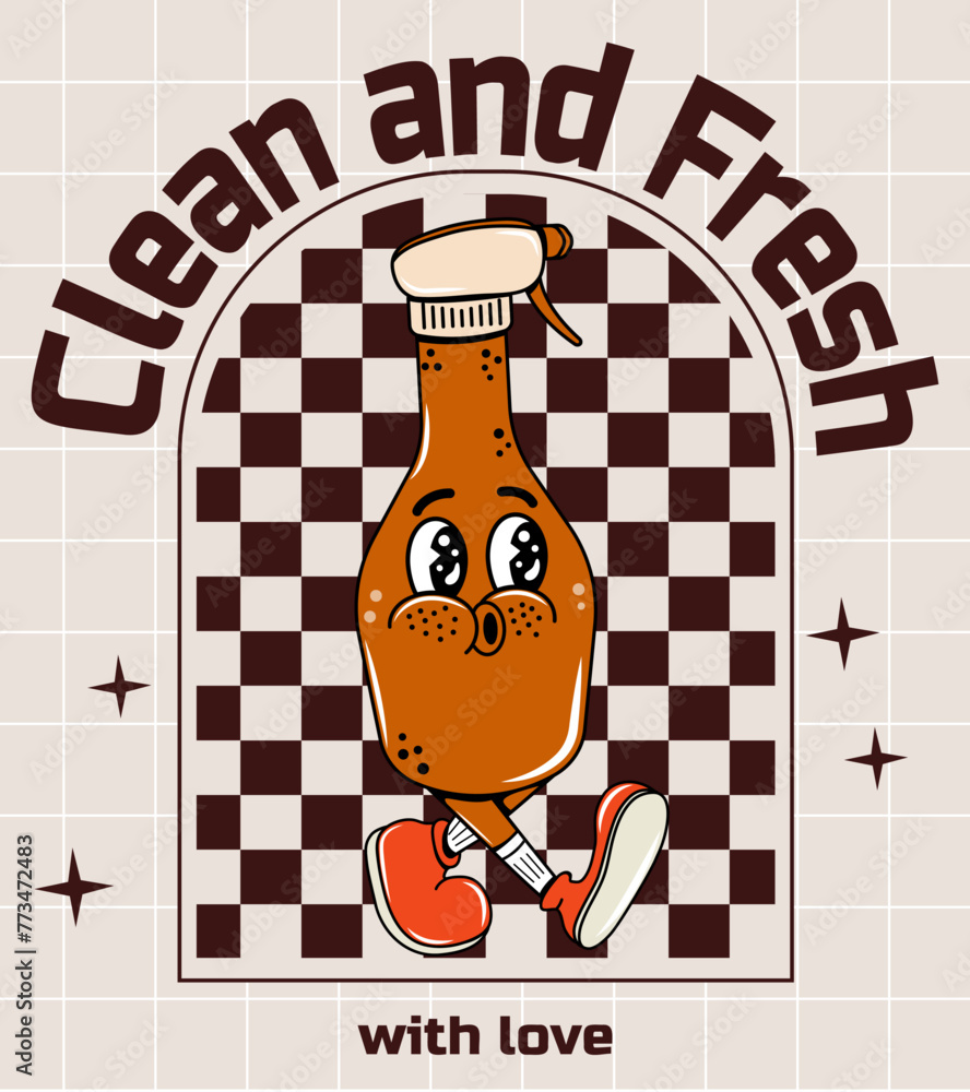 Poster poster in groovy style. vector illustration. y2k elements. cleaning. characters walking cleaner. com