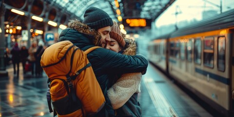 A couple hugging each other at a train station with the  in background. Generative AI. - obrazy, fototapety, plakaty