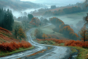 Countryside Lane Winding Through Natur, road adventure, path to discovery, holliday trip, Aerial view