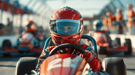 Person in helmet driving a race car. Suitable for sports and automotive themes