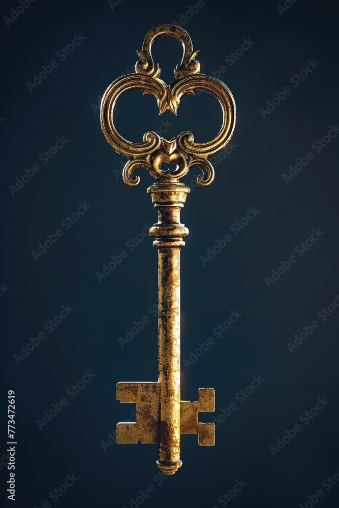 Poster a golden key with a heart-shaped handle. ideal for romantic concepts and love themes